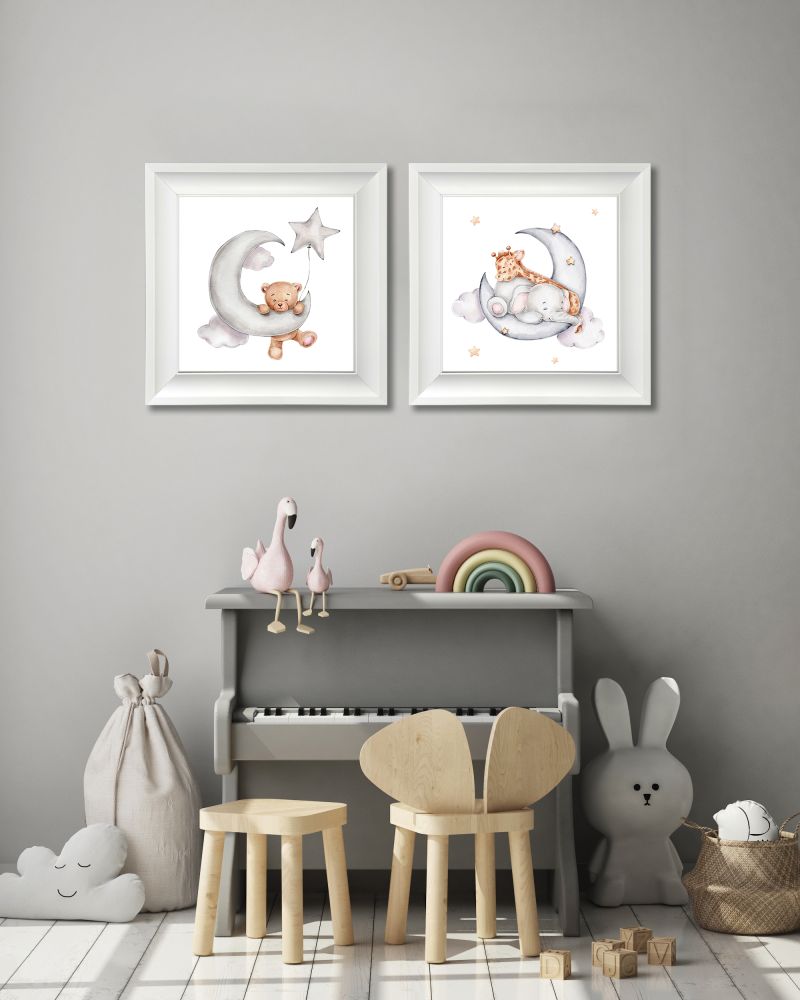 Bear / Elephant And Giraffe On Moon  2 PC canvas art