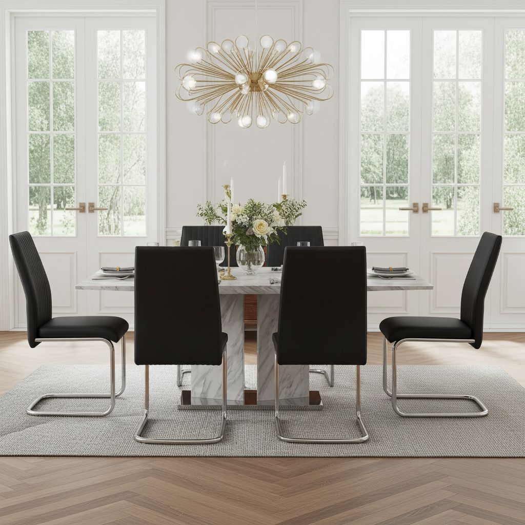 Tyler White Faux Marble Dining Table with 6 Chairs