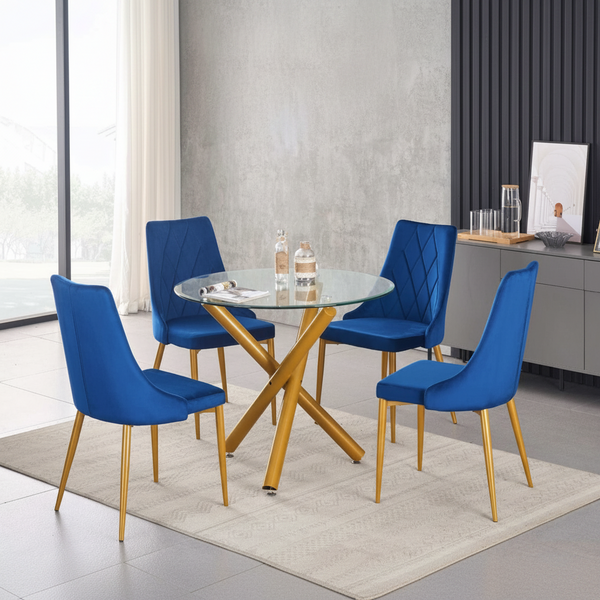 Tempered Glass Round Dining Table with 4 Blue Velvet Chairs 3547 / 219