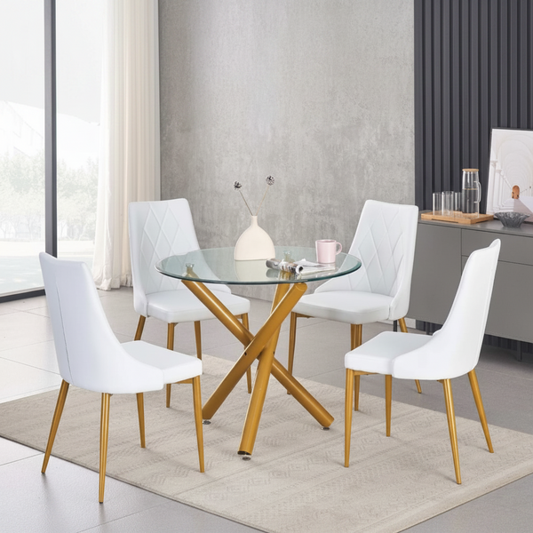 Tempered Glass Round Dining Table with 4 White PU Chairs 3547 / 219