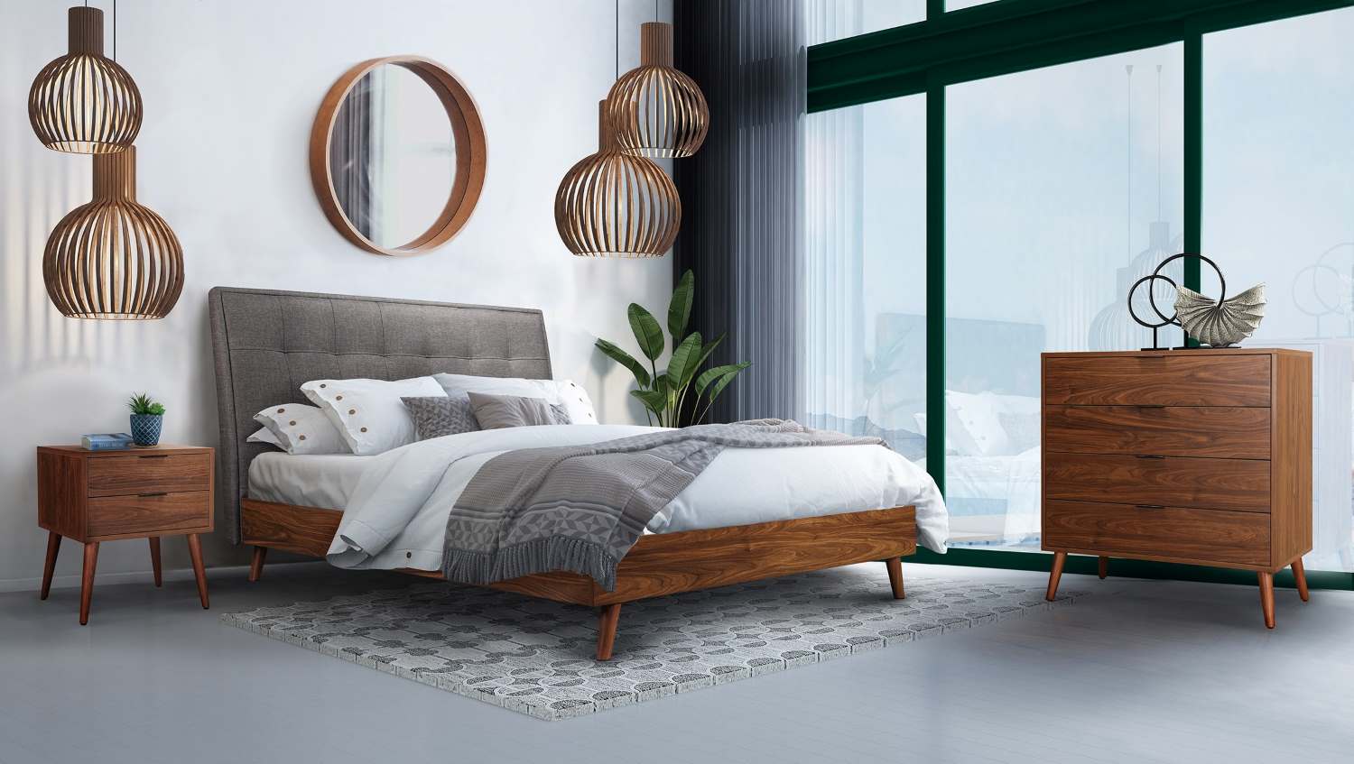 Todros Walnut & Grey Upholstered Platform Bed 5895