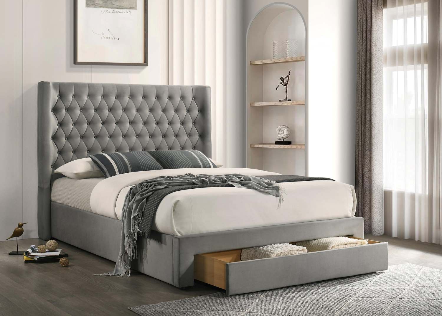 Upholstered Grey Velvet Bed with Built-In Storage Drawer 5761