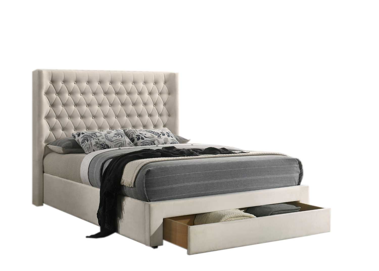 Upholstered Ivory Velvet Bed with Built-In Storage Drawer 5760