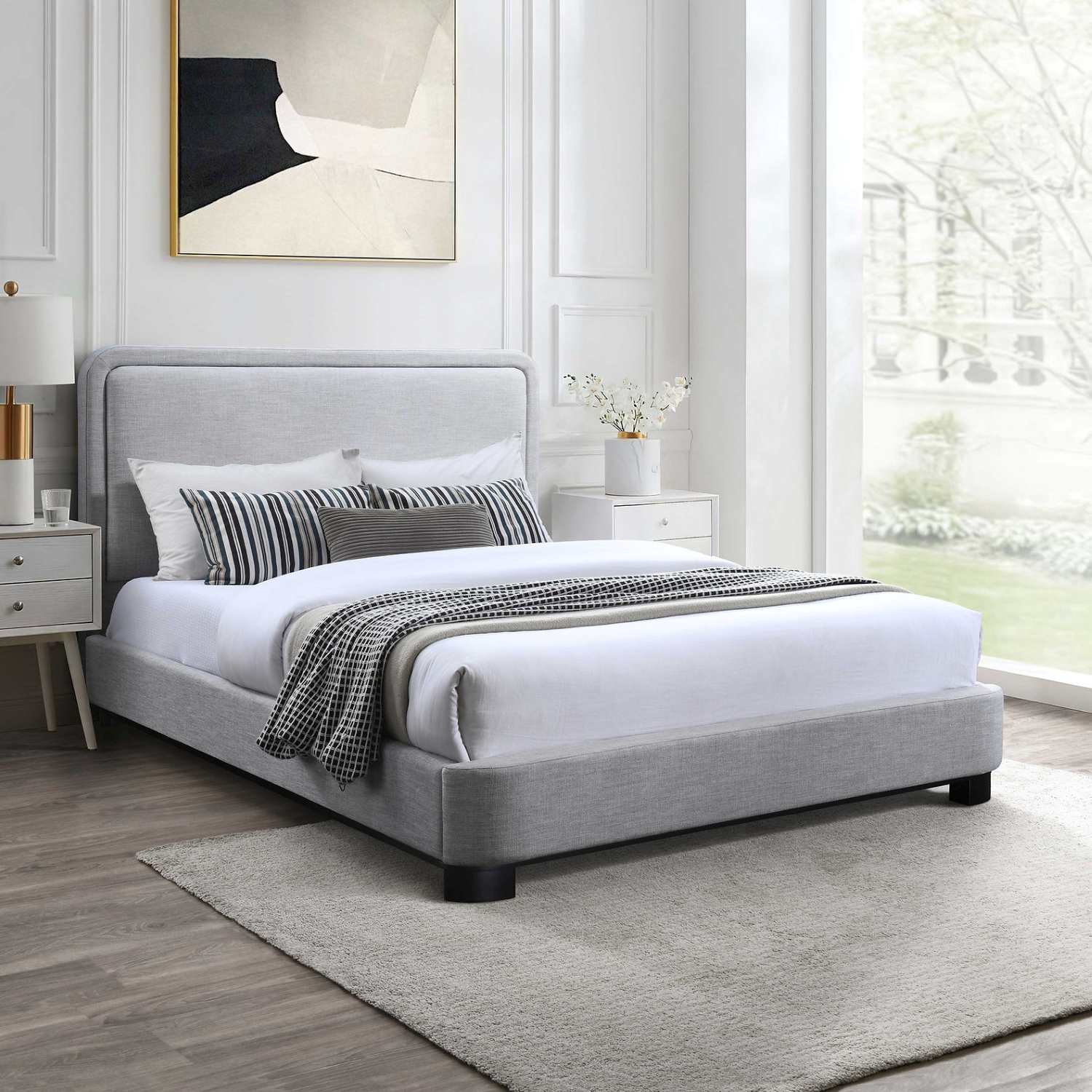 Upholstered Light Grey Fabric Bed with Rounded Headboard 5911