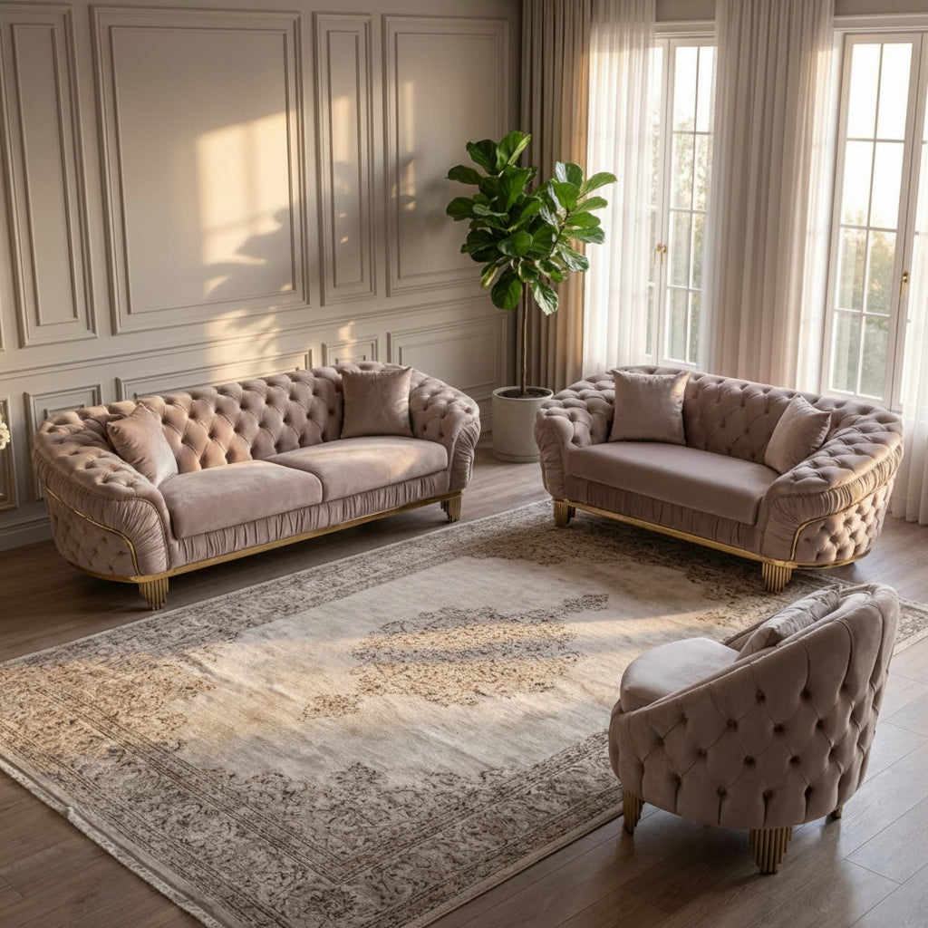 Vanessa Taupe Velvet Sofa Set with Deep Button Tufted Design 6725