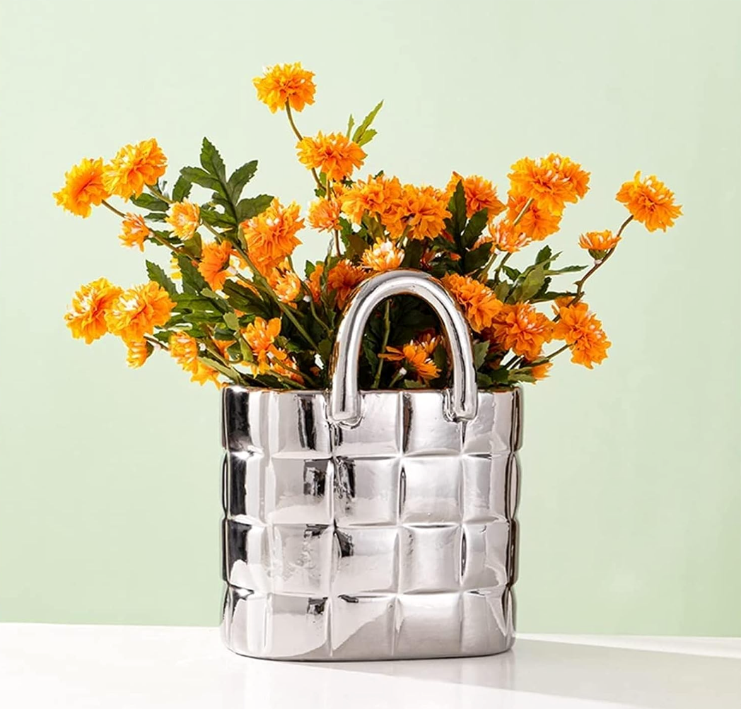 Vase Sack Shape Flower Pot Ceramic Sculpture Bag Like Vase in Gold OR Silver