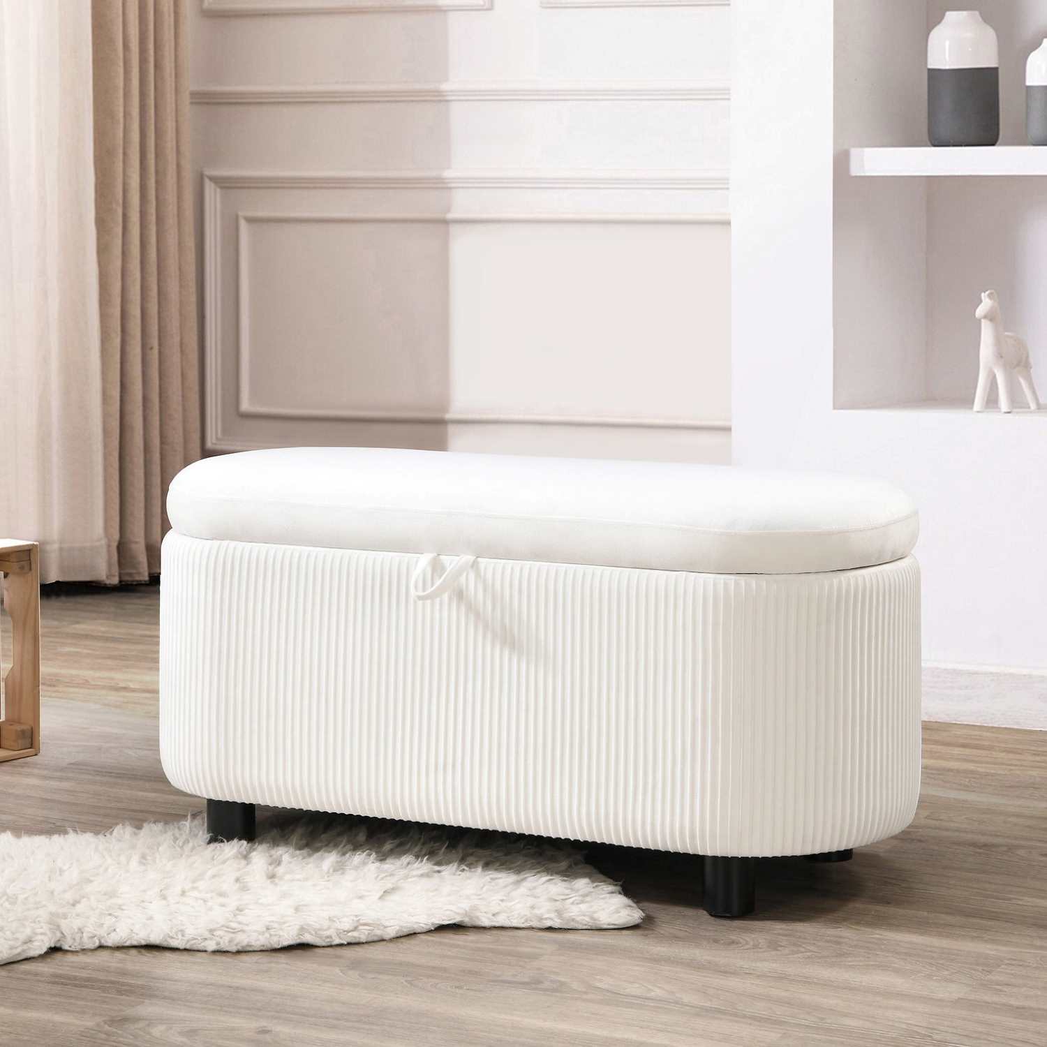 Vertical Tufting Soft White Fabric Storage Bench 6212
