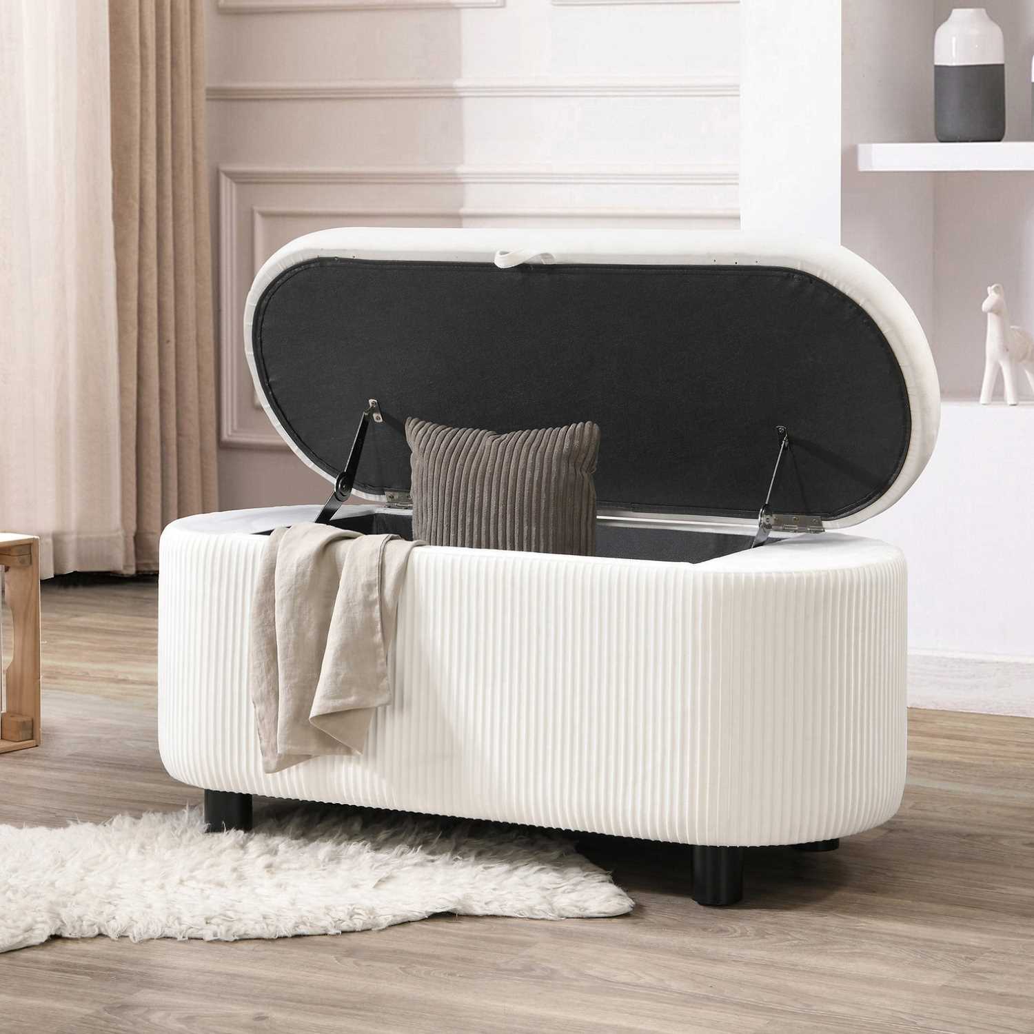 Vertical Tufting Soft White Fabric Storage Bench 6212