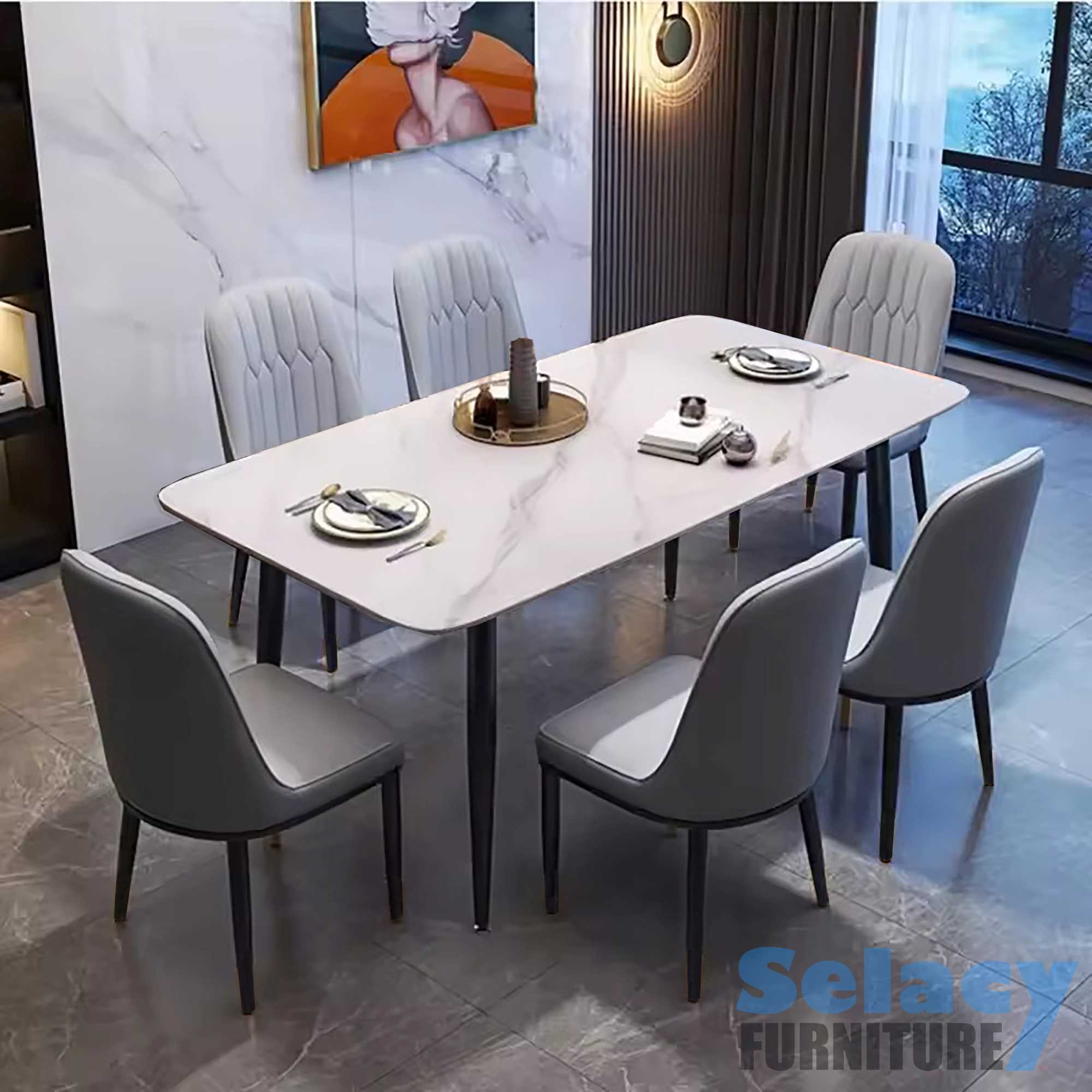 Victoria Sintered Stone White Dining Table With 6 Grey Chairs