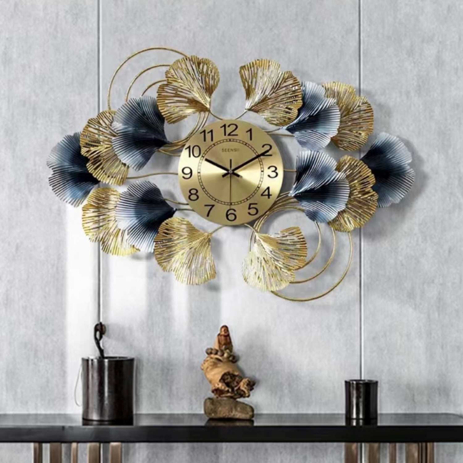Wall Clock Large Metal Horizontal Modern Décor in Gold with Shades of Blue and Grey