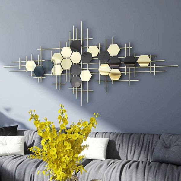 Wall Décor in Golden Metal with Black & Gold Tinted Hexagon Mirrors of