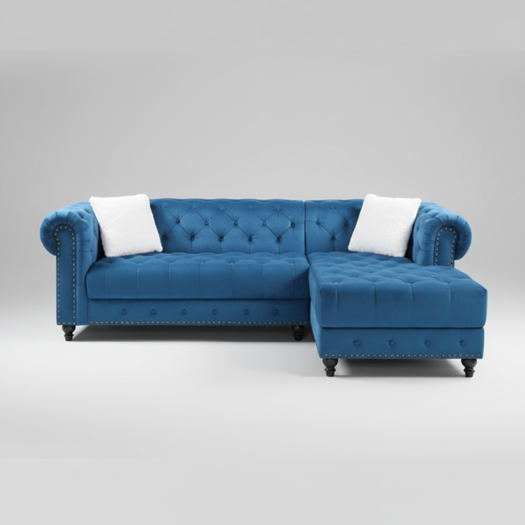 Blue Velvet Sectional sofa with nailhead 2030