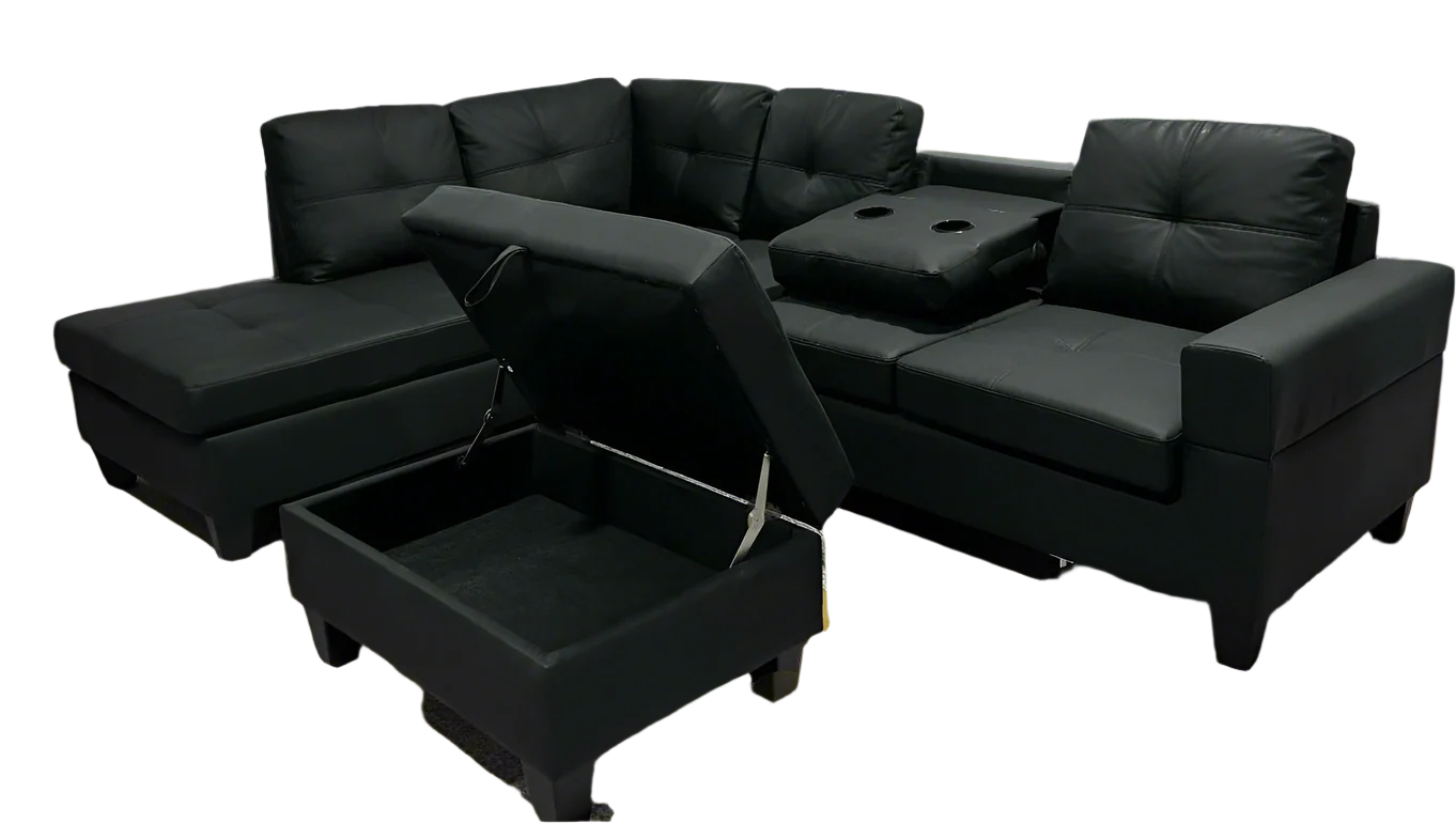 Black Soft PU Reversible Sectional Sofa with Drop Down Tray & Stoage Ottoman 2406