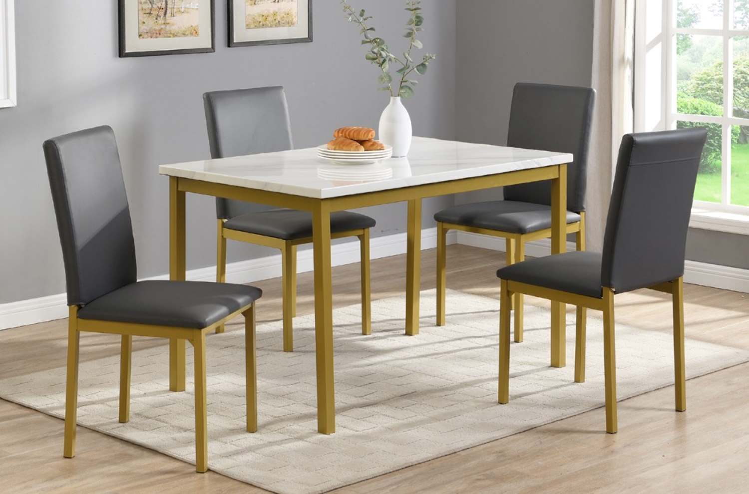 White Marble Finish 5pc Dining Set With Gold Legs 3204