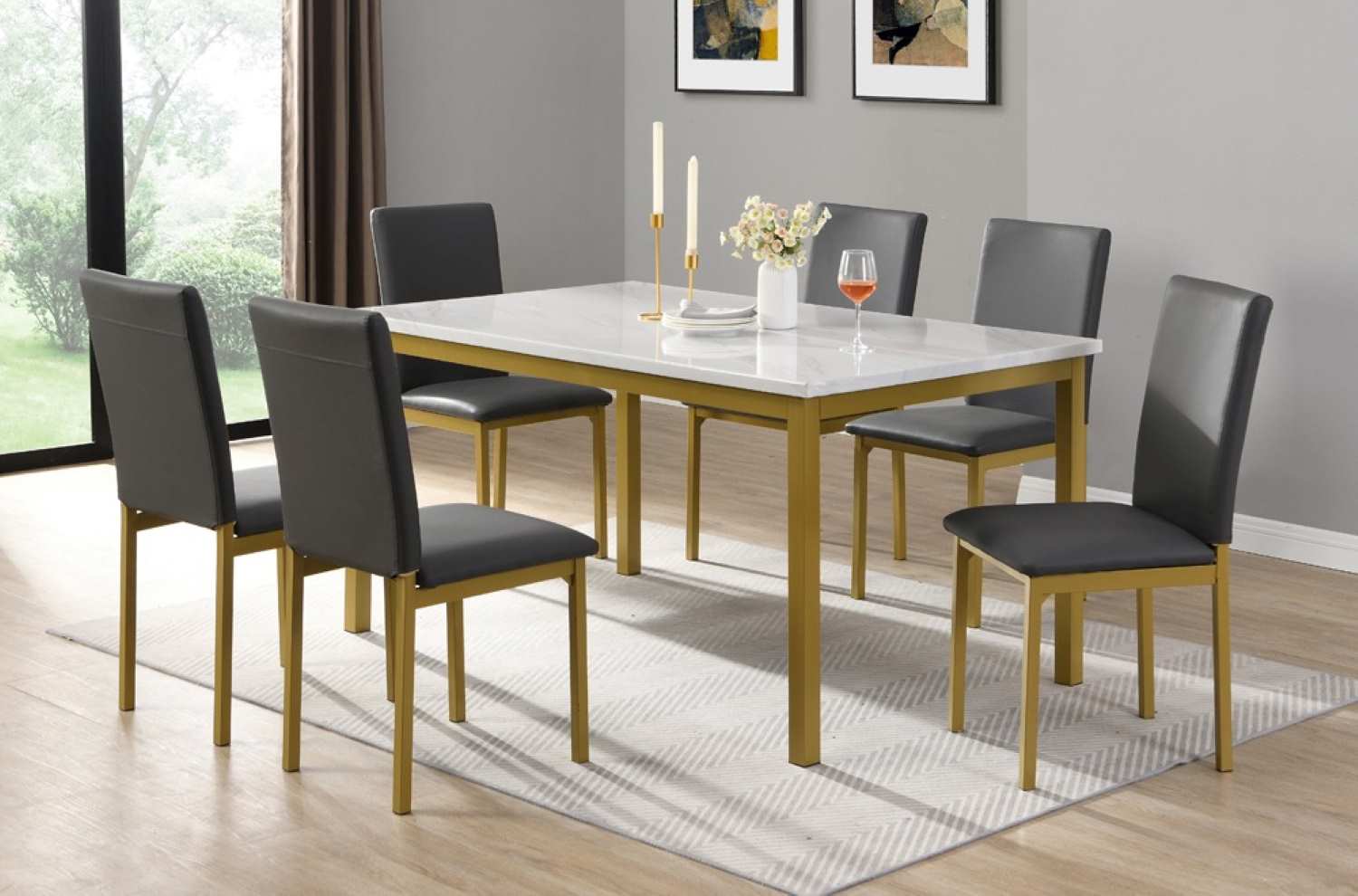 White Marble Finish 7pc Dining Set With Gold Legs 3205