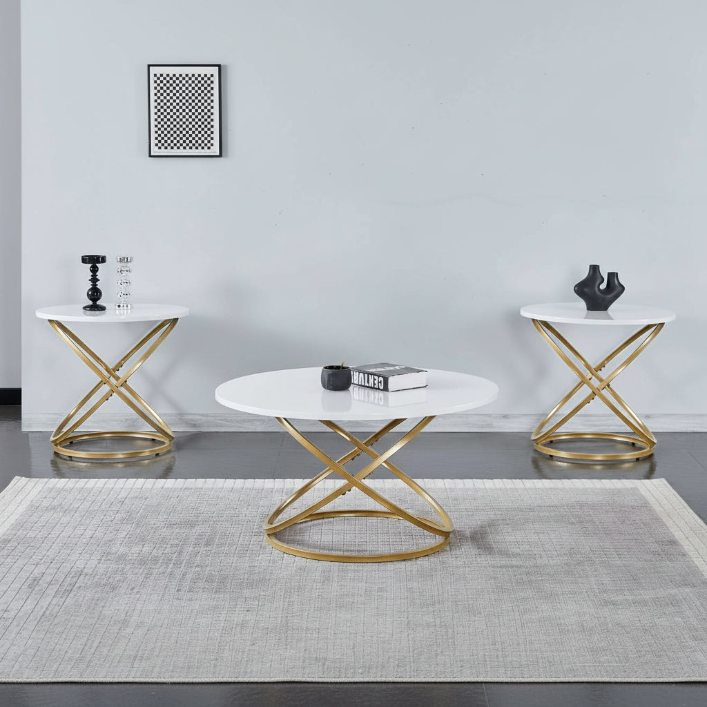 White Top Coffee Table Set with Gold Base 2642