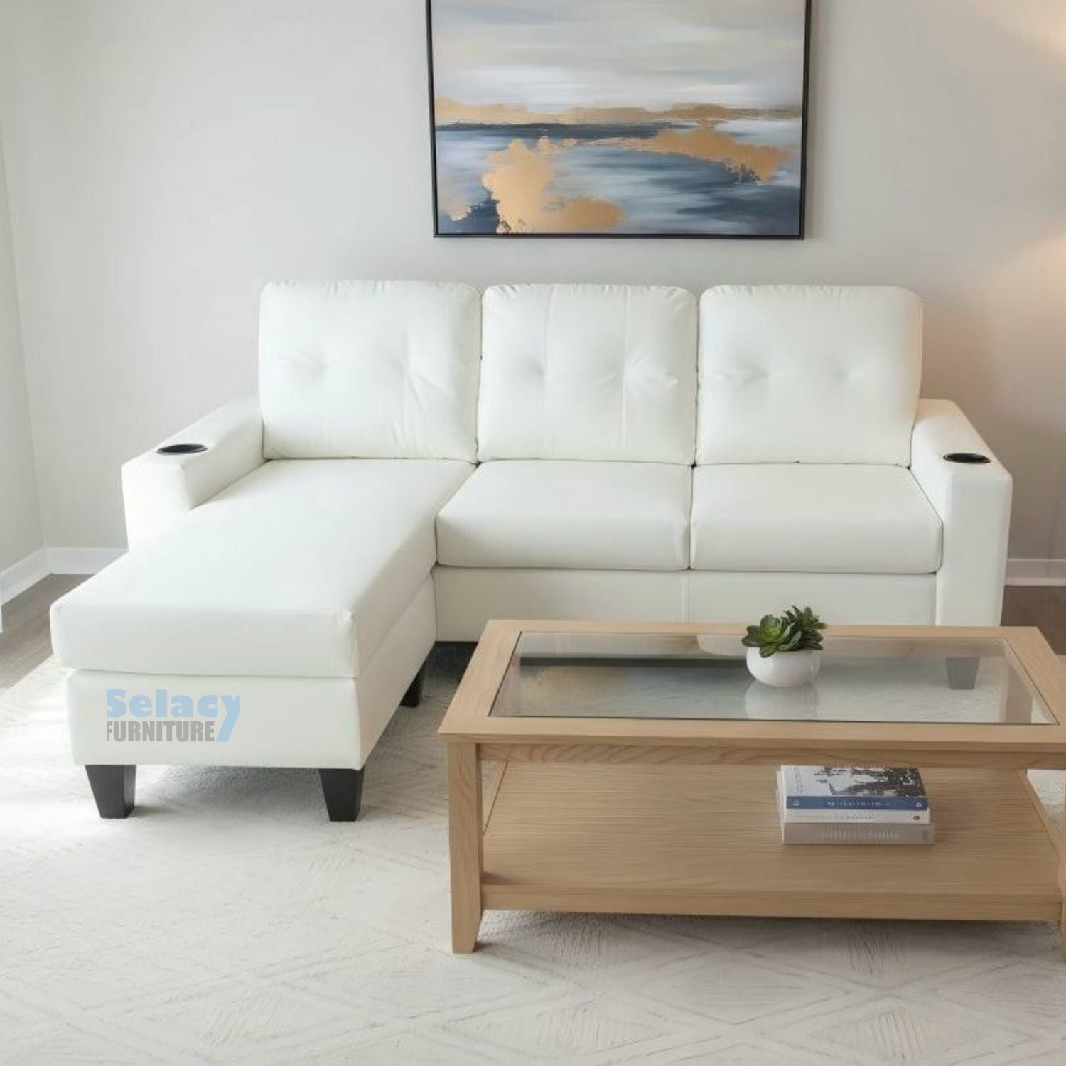 White PU  Reversible Sectional Sofa with Cup Holder 2217