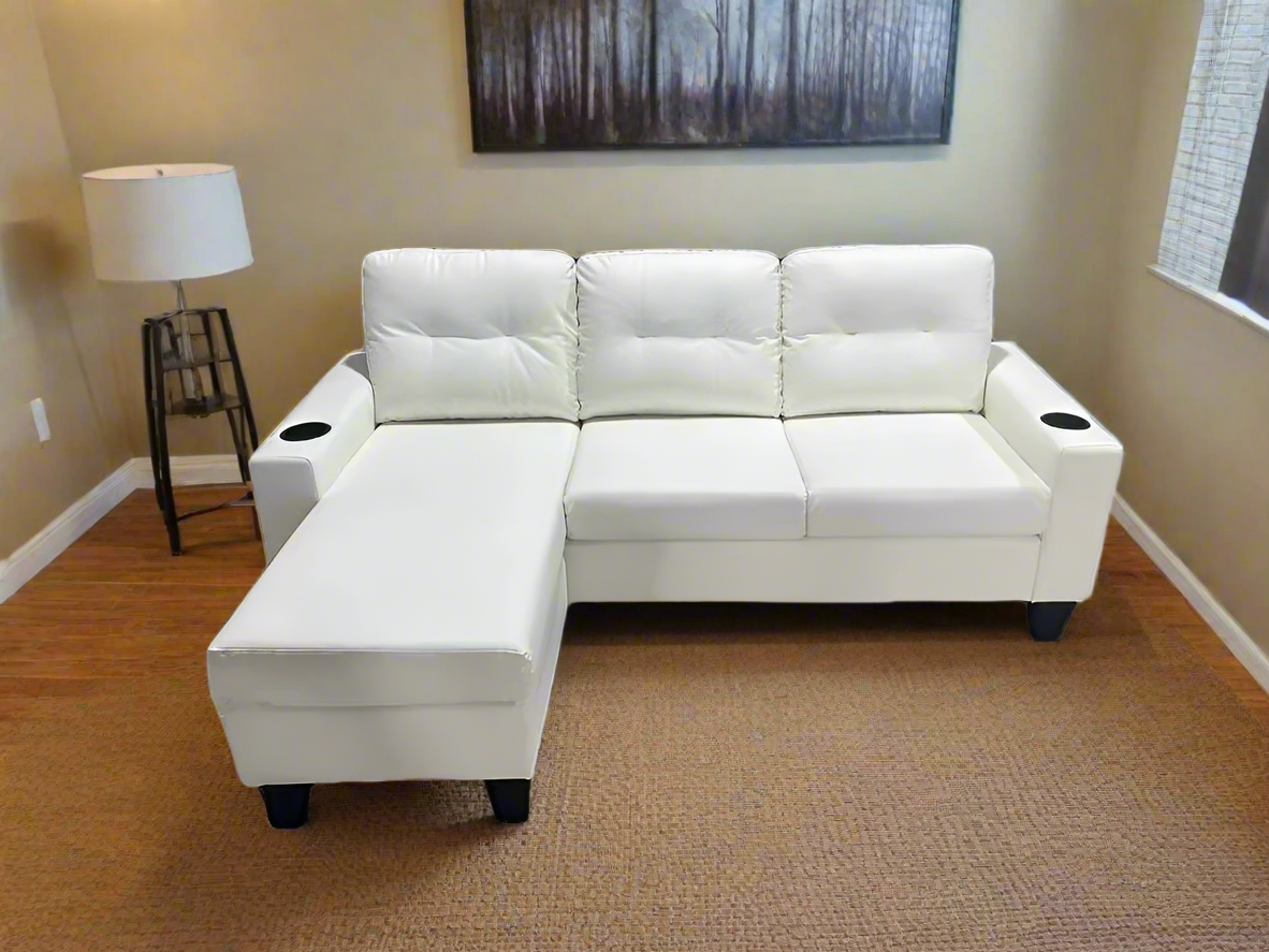 White PU  Reversible Sectional Sofa with Cup Holder 2217