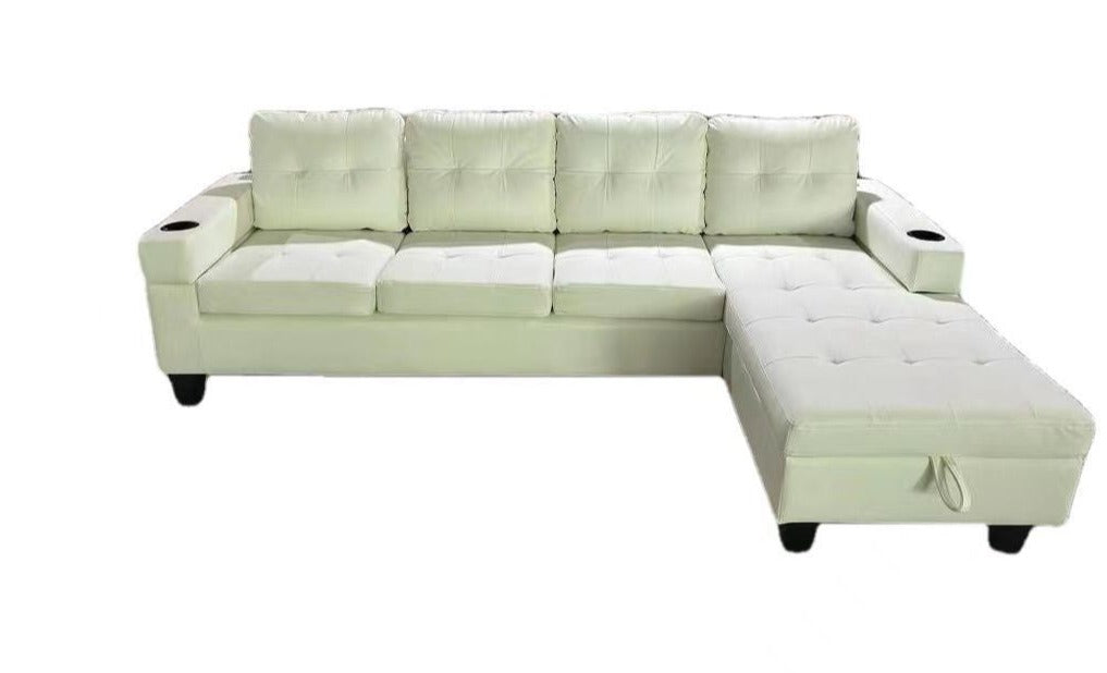 White PU Sectional Sofa with Cup Holder 2218