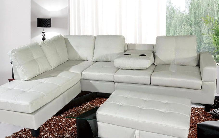 White Soft PU Reversible Sectional Sofa with Drop Down Tray & Stoage Ottoman 2406