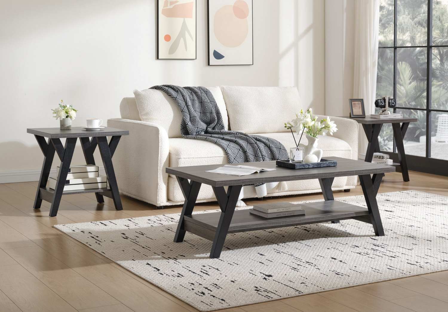 Wooden 3pc Coffee Table Set with Black Legs 3505