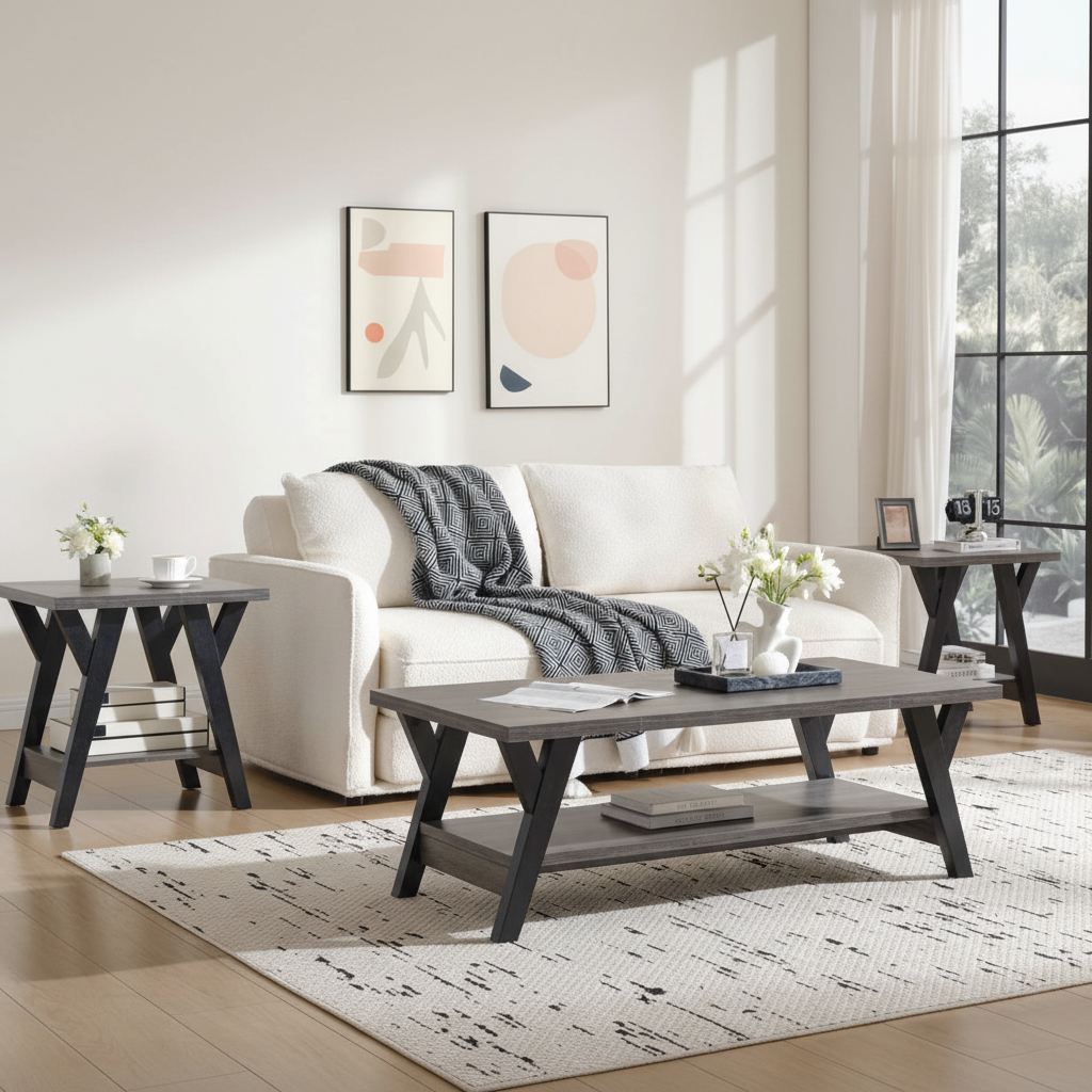 Wooden 3pc Coffee Table Set with Black Legs 3505