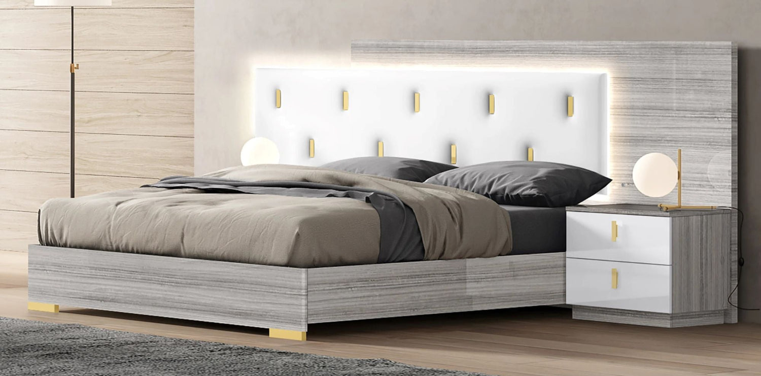Zain Grey Angly Lacquer Bed with Upholstered Headboard & LED Light 1891