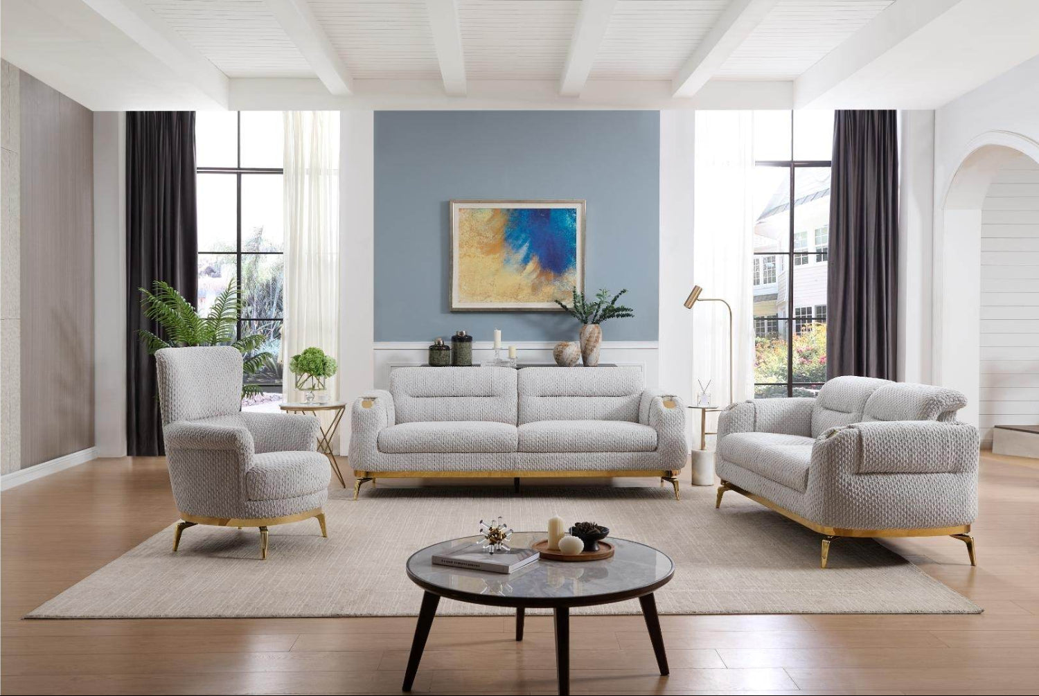 Zoe Grey Fabric Sofa Set with Gold Legs 8425