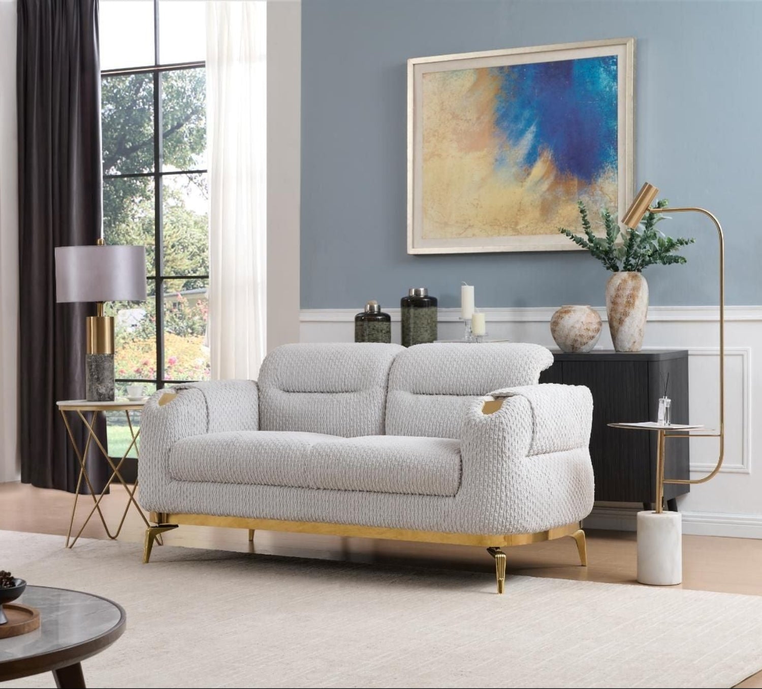 Zoe Grey Fabric Sofa Set with Gold Legs 8425