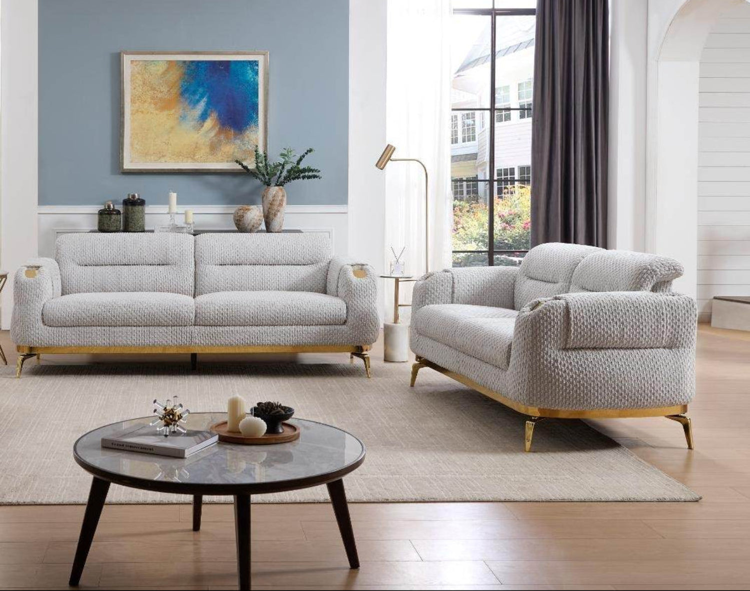 Zoe Grey Fabric Sofa Set with Gold Legs 8425 | Sofa Sale