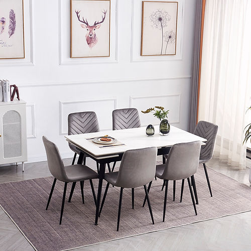 Extension Sintered Stone White Marble Top Table with Velvet Chairs - T-1818/C-1817