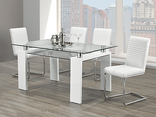 Clear Glass Table with upholstered White  PU Chairs - T-1480/C-1040