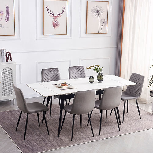 Extension Sintered Stone White Marble Top Table with Velvet Chairs - T-1818/C-1817