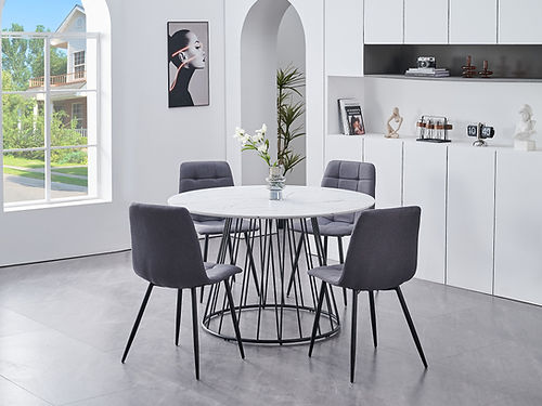 5 Pc Dining Collection - White Marble Veneer Top Table with Grey Fabric Chairs T-1590 C-1593