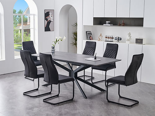 Extension Faux Marble Top Table with Soft Black Velvet chairs Dining Collection T-1570/C-1571