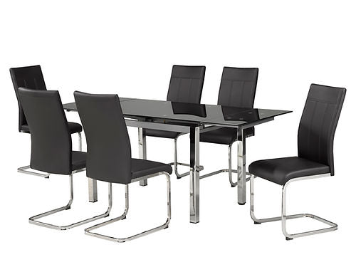 Extension Black Tempered Glass Table with Black PU Chairs - T-1505/C-1877