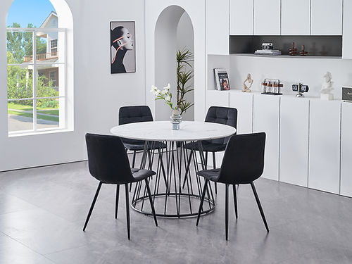 5 Pc Dining Collection - White Marble Veneer Top Table with Black Velvet Chairs T-1590 C-1591