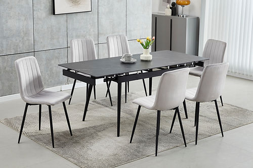 Extension Sintered Stone Black Marble Top Table with Velvet Chairs - T-1472/C-1473