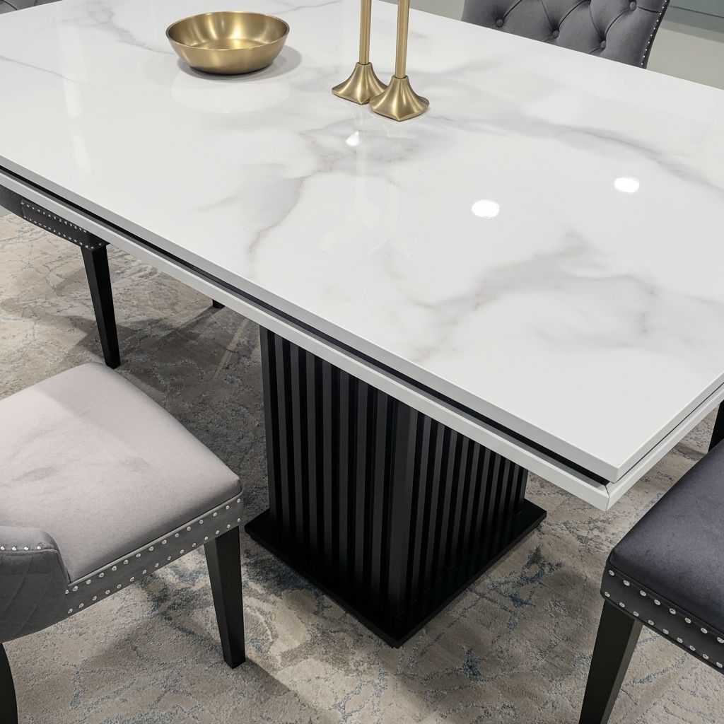 Dining table with marble-like top and black base, surrounded by chairs.