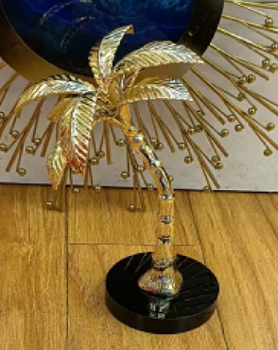 Centre Piece Marble Sculpture in Black & Metal Gold Palm Tree