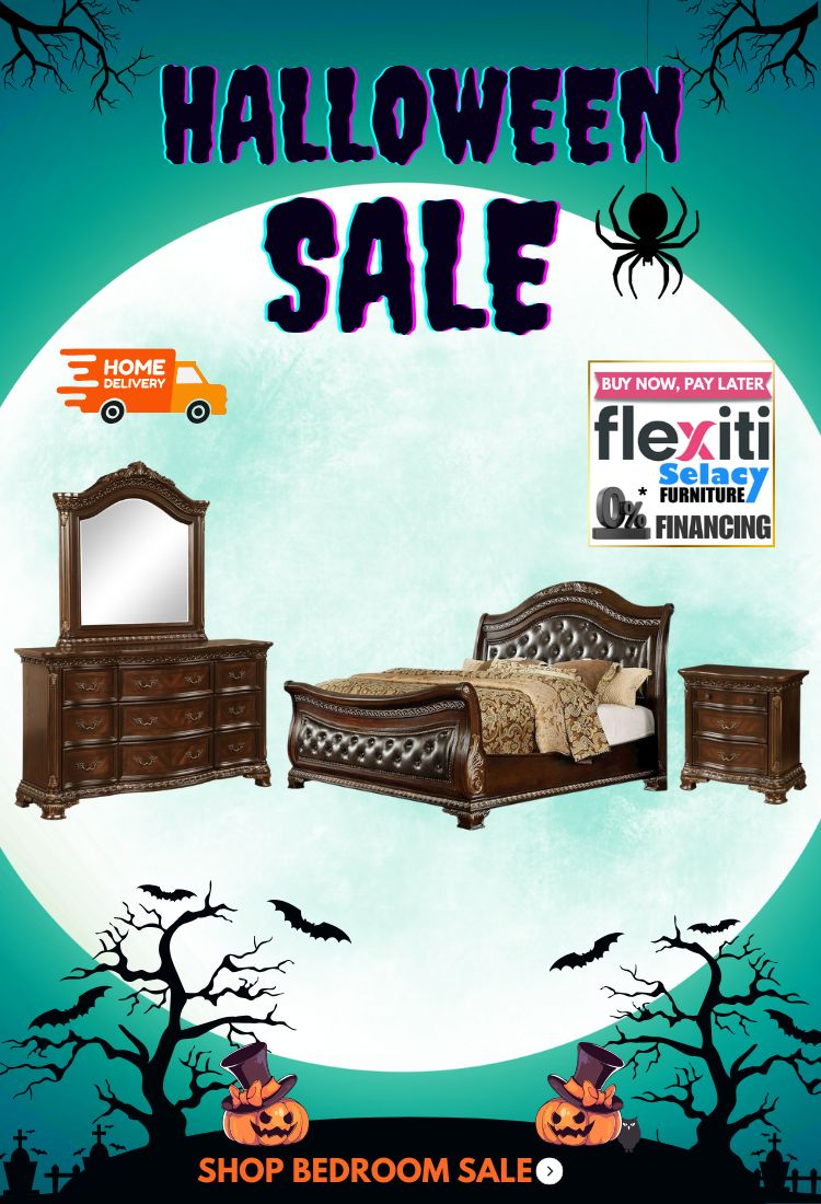 Advertisement for a Halloween sale featuring bedroom furniture with promotional text.