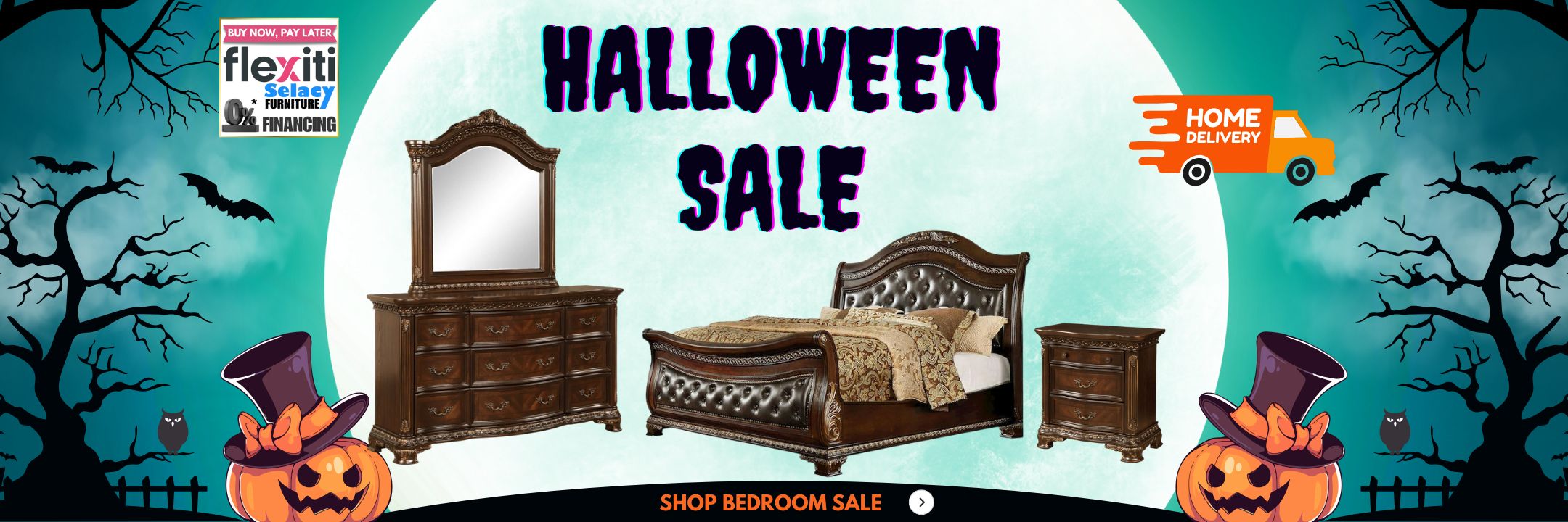 Halloween sale advertisement for bedroom furniture with pumpkins and a delivery truck.