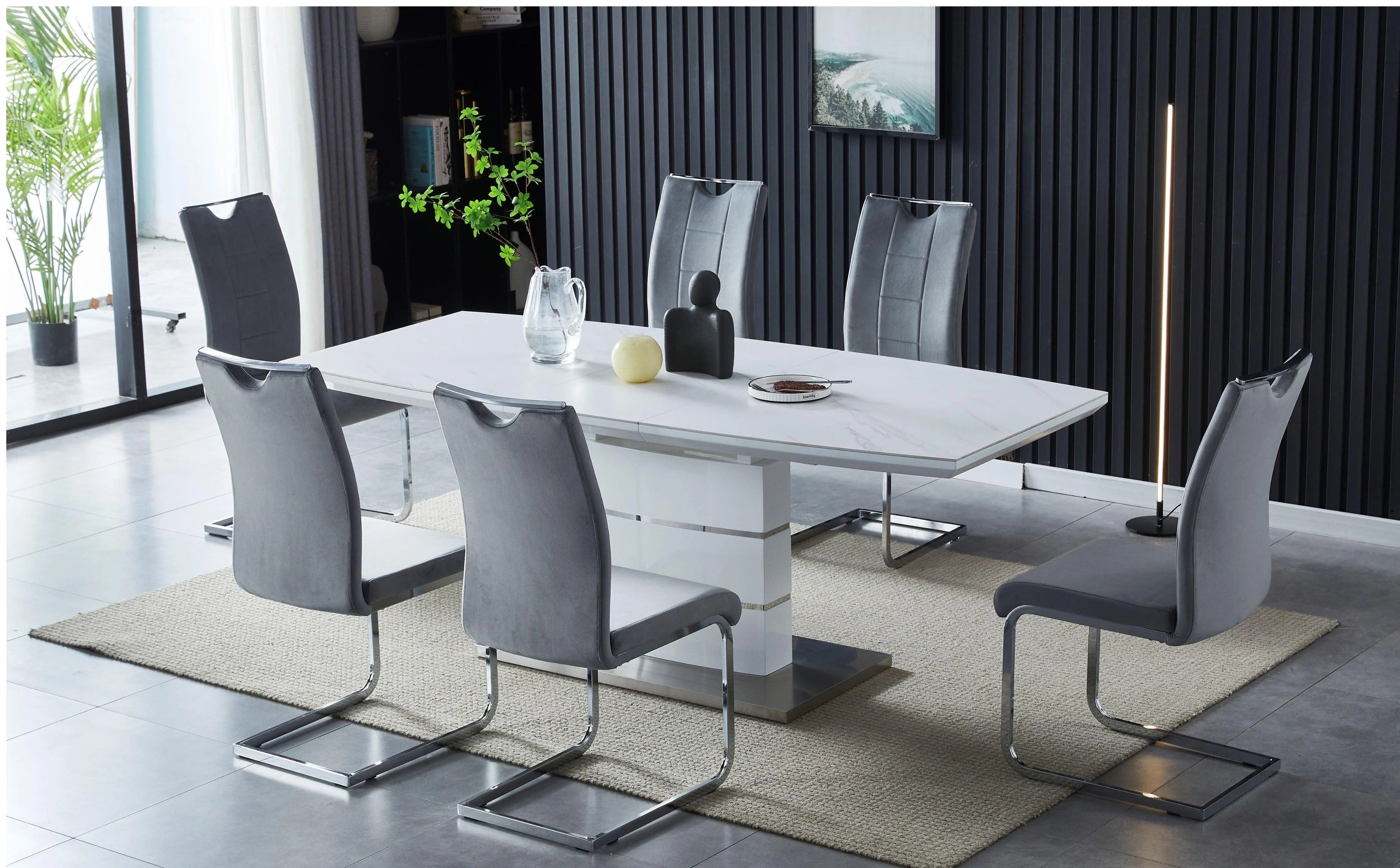 Owen White Extendable Ceramic 7PC Dining Set with Grey Velvet Chairs