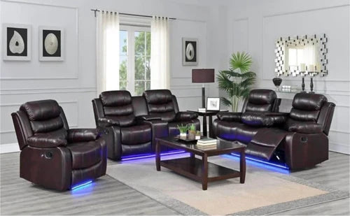 Nora LED Manual Recliner Sofa Set Chocolate Faux Leather 2678