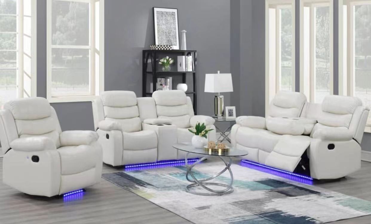 Nora LED Manual Recliner Sofa Set White Faux Leather 2678