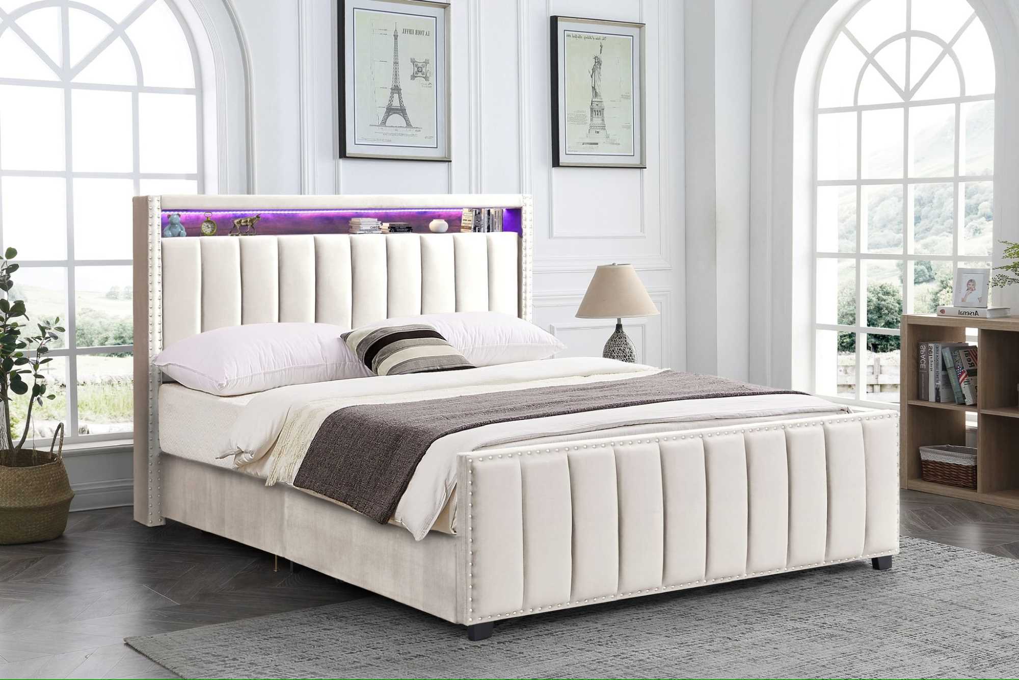 Mark Velvet Bed Frame with Storage Drawers and LED Lights Beige