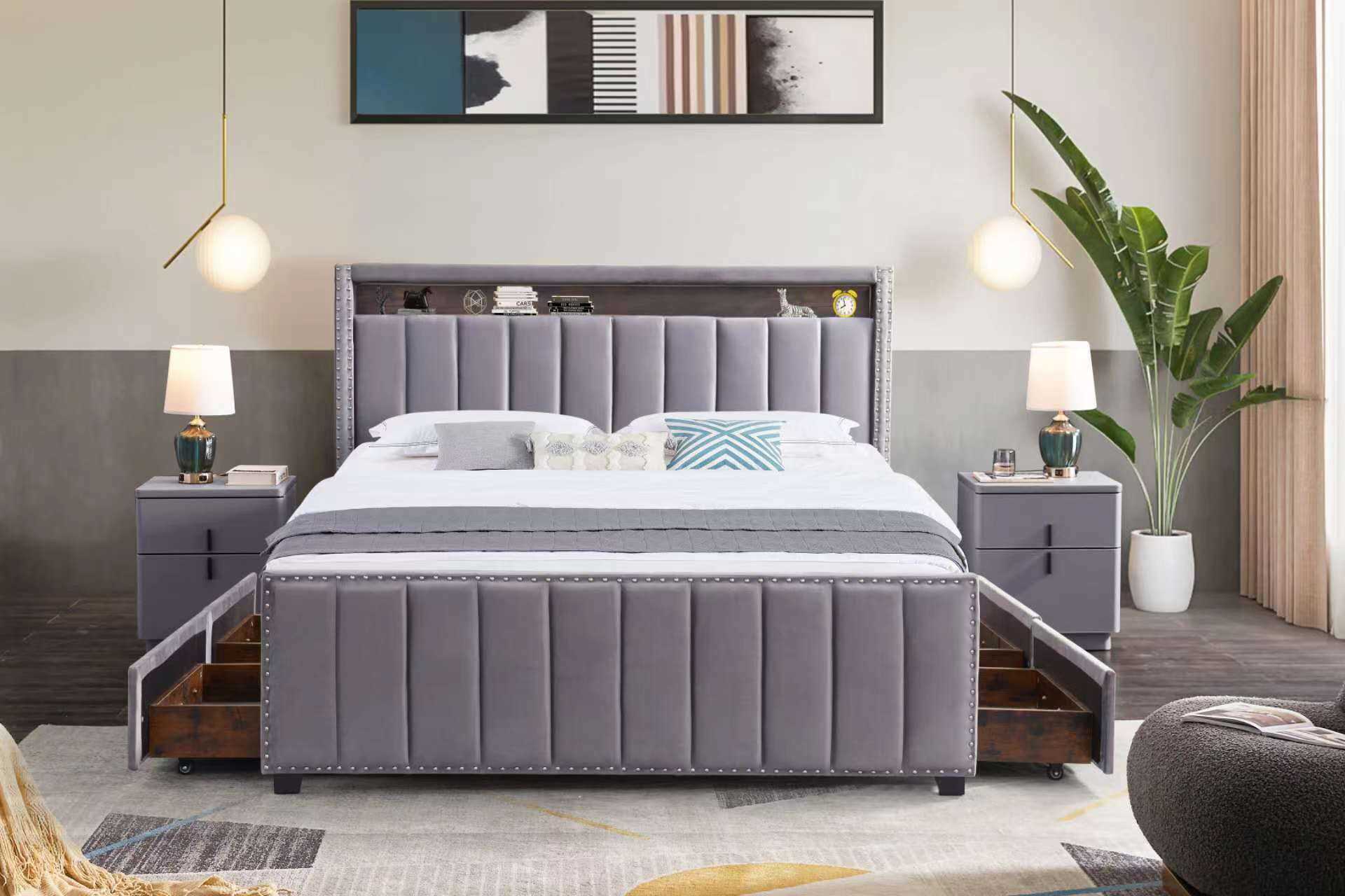 Mark Velvet Bed Frame with Storage Drawers and LED Lights Grey