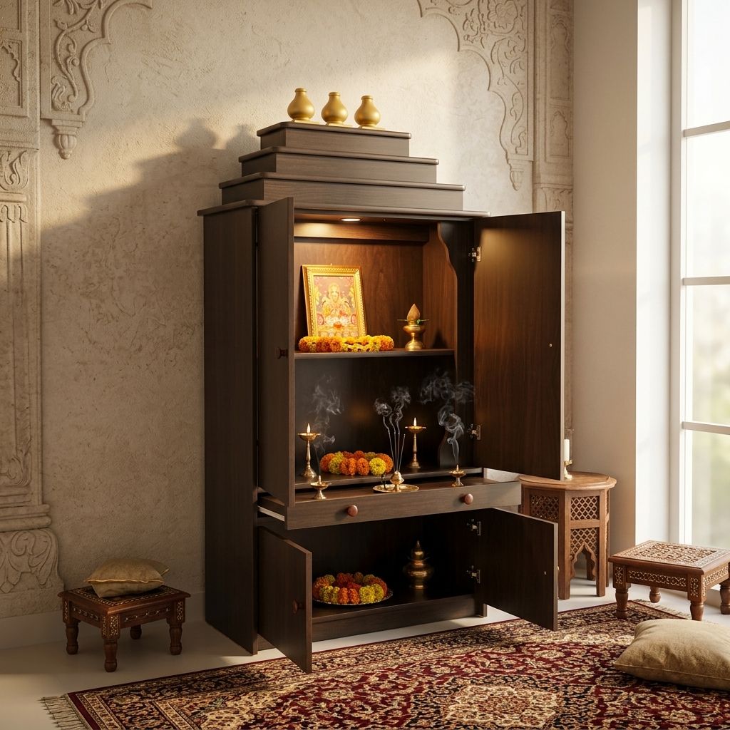 Navira Pooja Unit With Door, Light & Pull out Tray