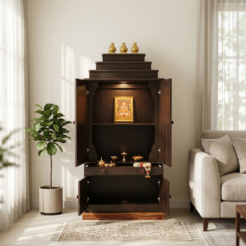 Navira Pooja Unit With Door, Light & Pull out Tray