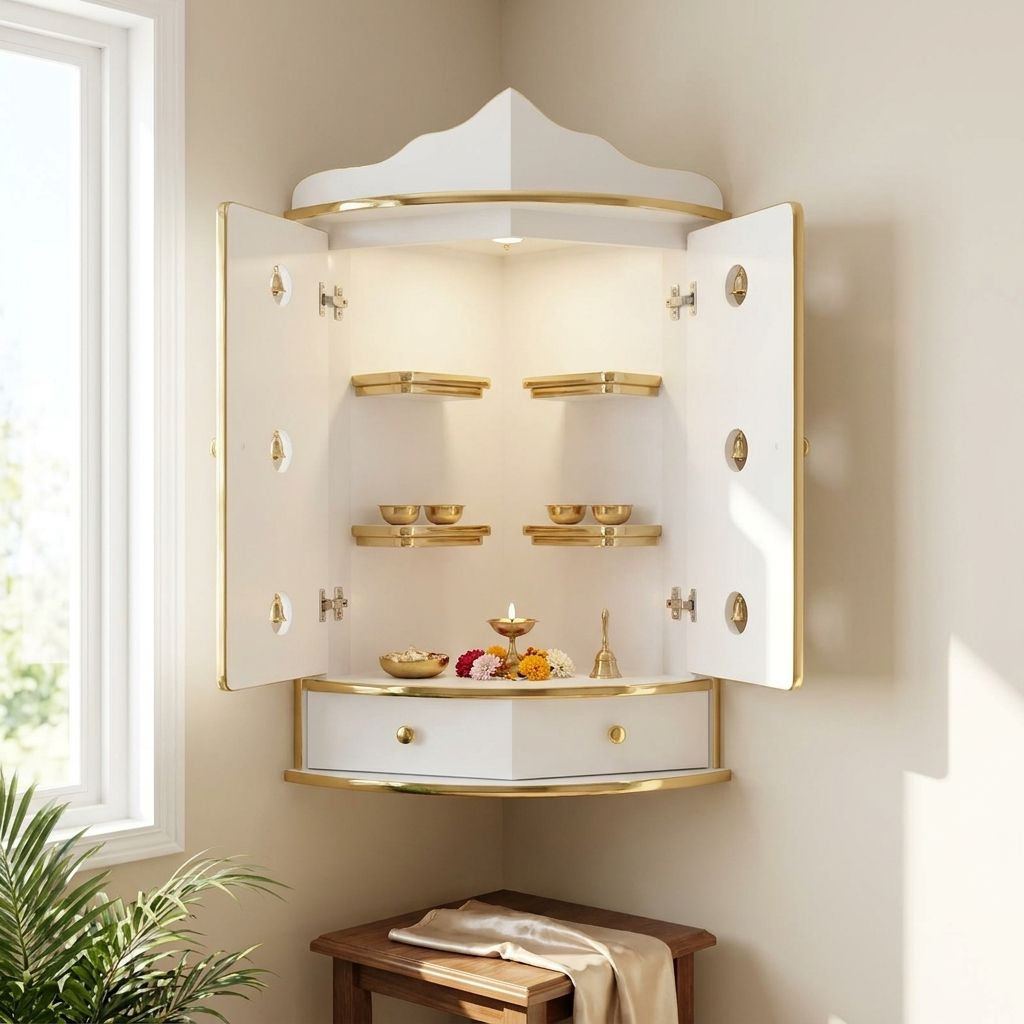 Parvathi Corner Wall Hangable Pooja Cabinet with Door & Bell